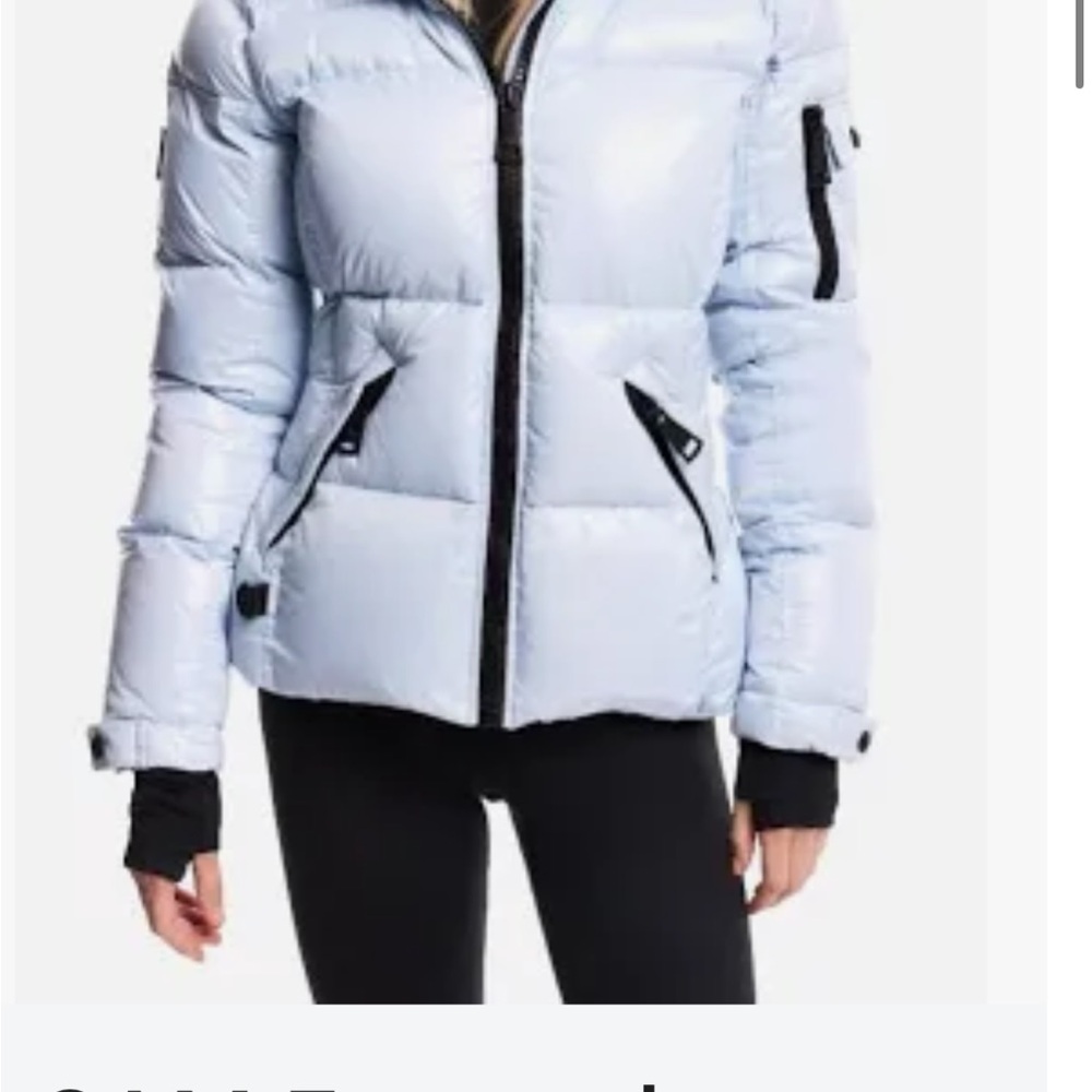 SAM. Women's Pale Blue Quilted Puffer Jacket with Black Trim